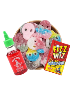 350g Pick N Mix Fizzy Skulls pouch, Souracha Sauce, and Cherry Fizz Wiz popping candy.