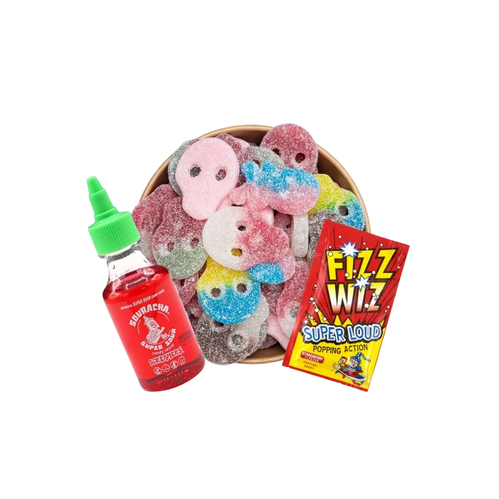 350g Pick N Mix Fizzy Skulls pouch, Souracha Sauce, and Cherry Fizz Wiz popping candy.